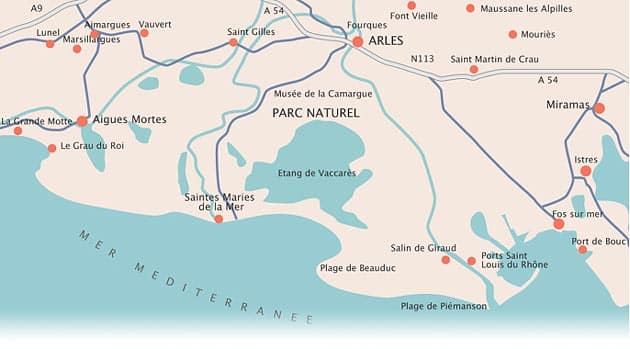 Carte de la Camargue avec la ville de Arles