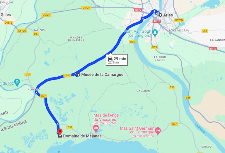 trajet entre Arles et le domaine de Méjanes